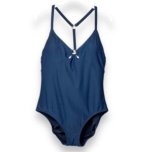 Lands’ End One Piece Swimsuit 10 navy blue solid minimal minimalist swim classic